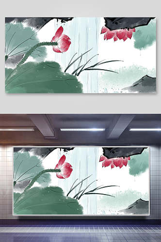 创意中国风荷花花卉花鸟国画背景素材
