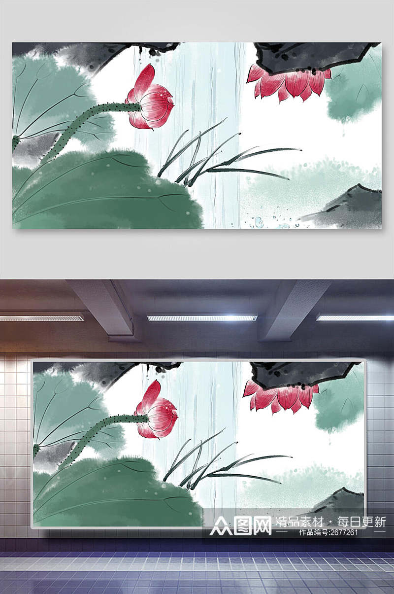 创意中国风荷花花卉花鸟国画背景素材素材