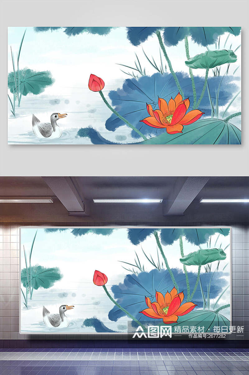 中国风荷花鸭子花鸟国画背景素材素材