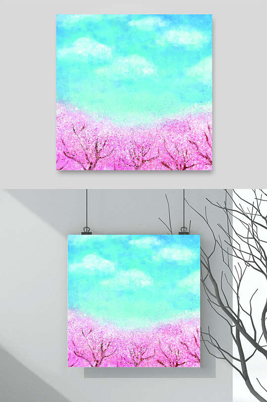 清新粉蓝色日本花海樱花自然风光插画矢量素材