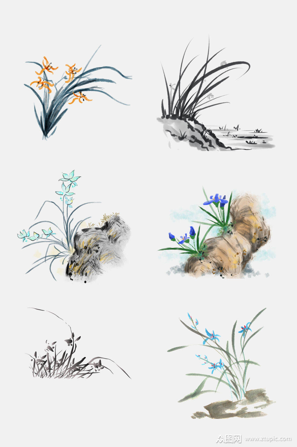 水彩中国风水墨兰花兰草免抠素材