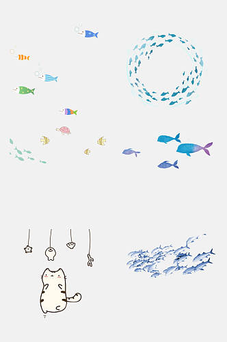 创意卡通海洋生物鱼群剪影免抠素材