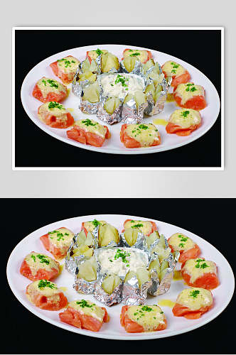香草三文鱼食物摄影图片