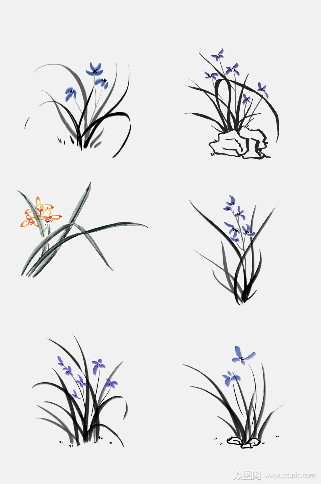 清新简洁中国风水墨兰花兰草免抠素材