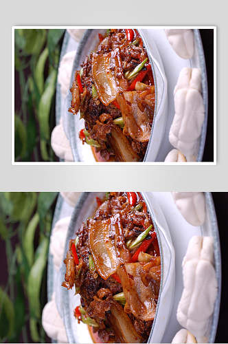 盐菜回锅肉食物摄影图片