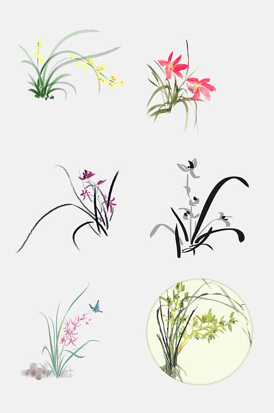 时尚中国风水墨植物兰花兰草免抠素材