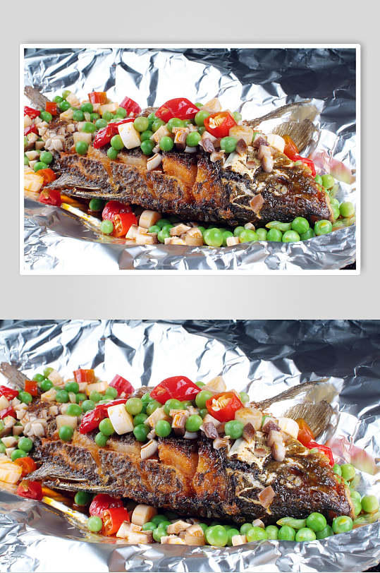 海鲜火焰纸包鱼餐饮摄影图片