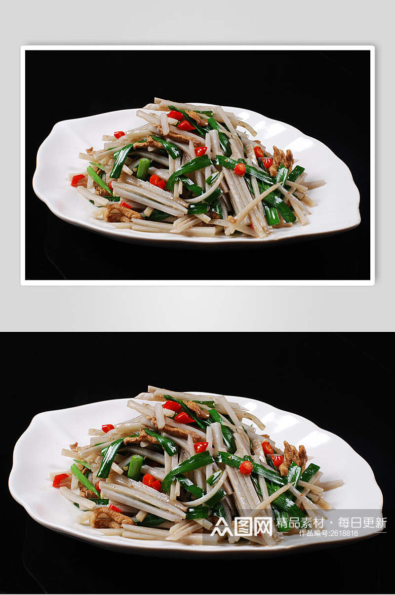 韭香莲菜炒肉丝食物高清图片素材