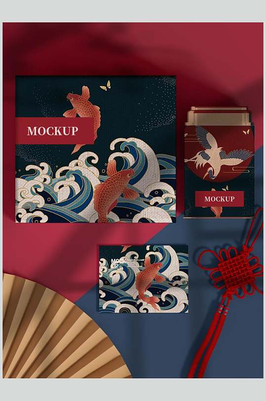 中国传统蝴蝶结海浪扇子蓝包装样机