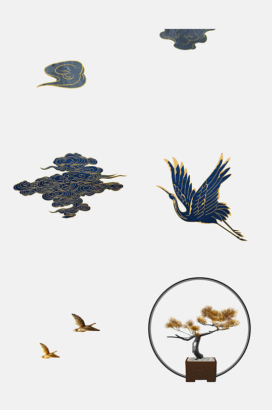 国潮蓝金祥云仙鹤元素免抠素材