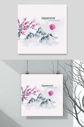 水彩日本樱花自然风光插画矢量素材