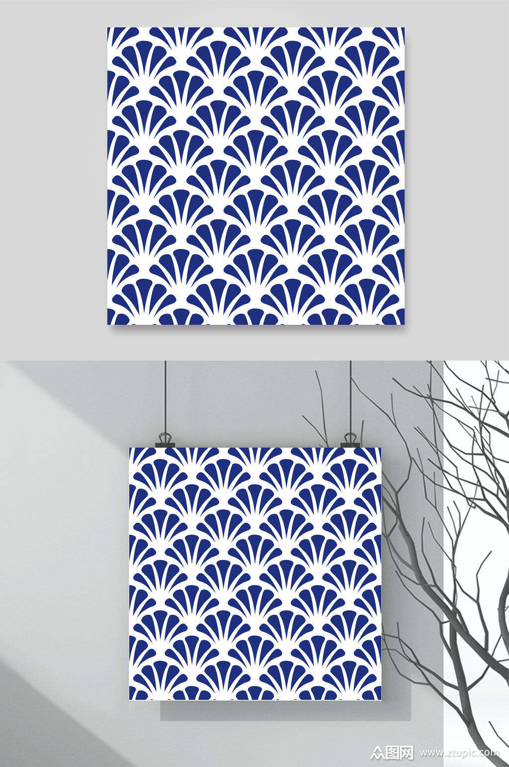 时尚扇形复古青花瓷色纹样矢量素材