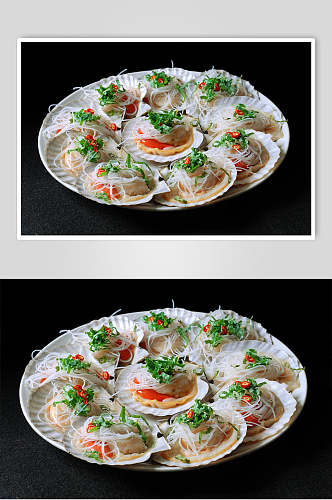 海鲜藿香蒸扇贝食物摄影图片