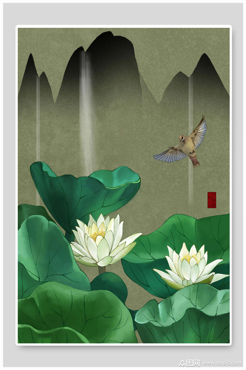 绿色中国风山水花鸟国画背景素材