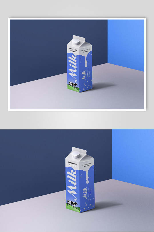 蓝白英文奶牛牛奶盒纸质包装样机