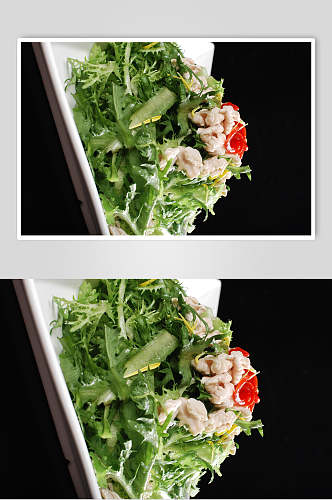 新鲜苦菊拌桃仁食物摄影图片