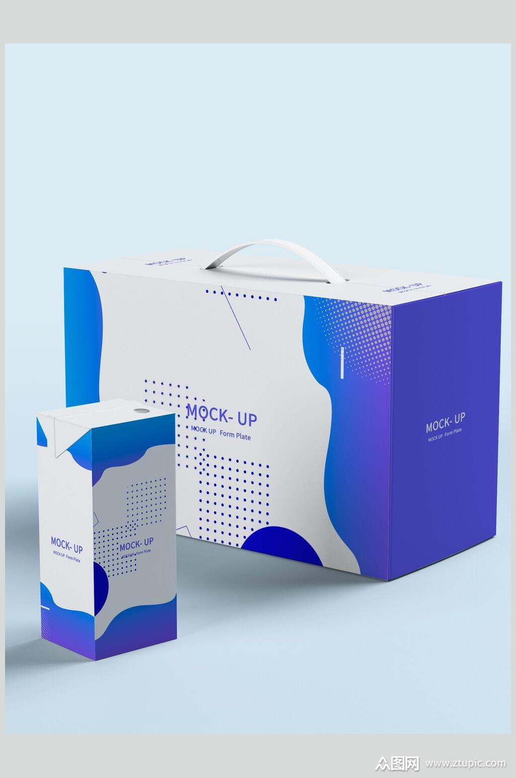 蓝色白色手提立体牛奶盒包装样机素材