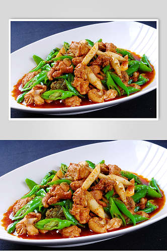热青椒焖土鸡食品高清图片