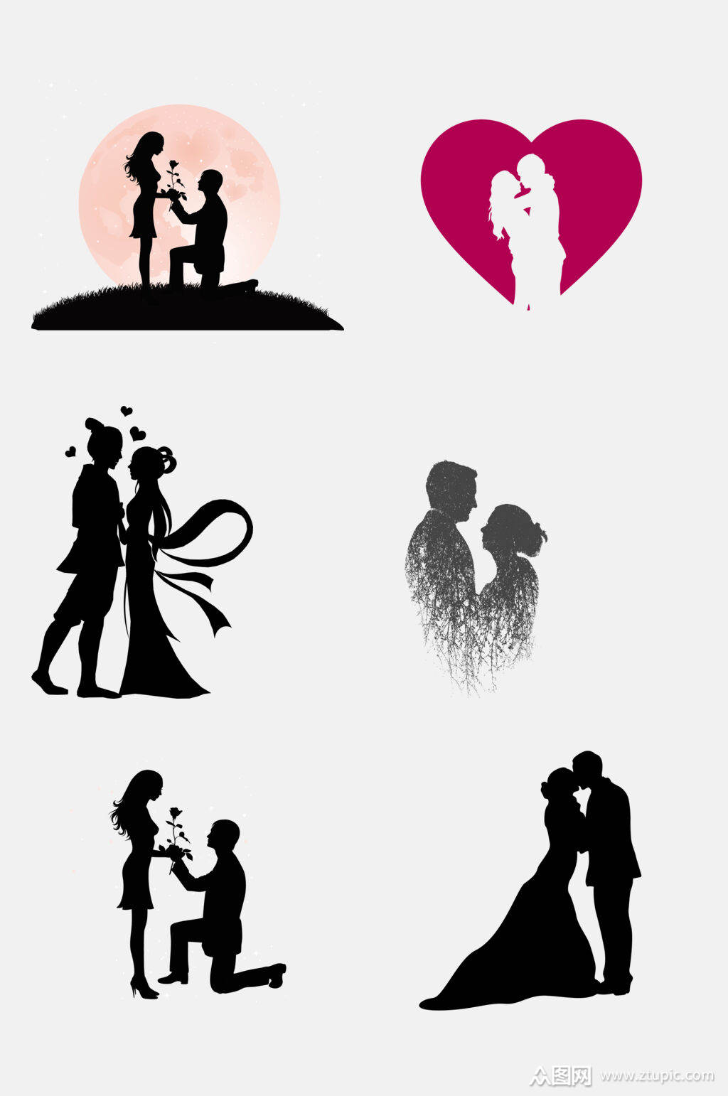 古风情人节情侣亲吻剪影免抠素材素材