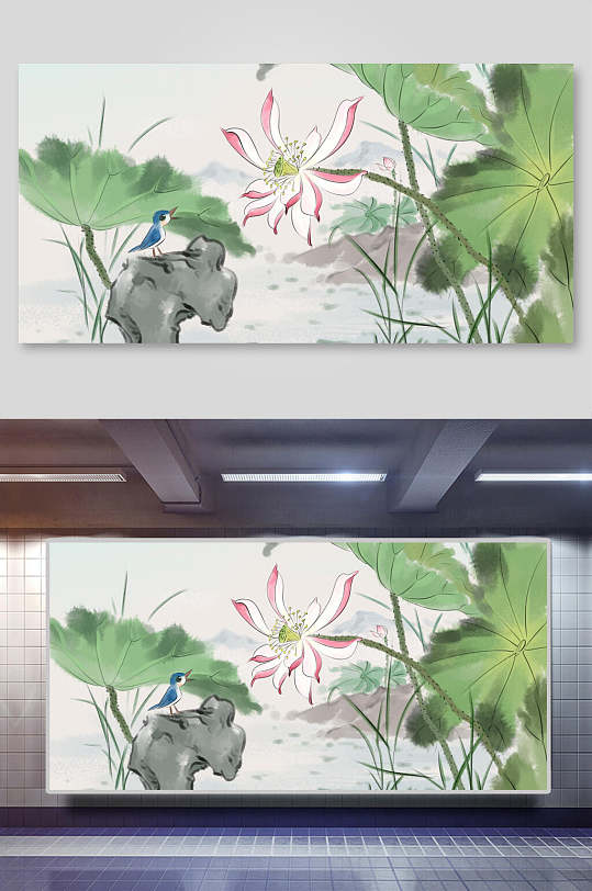 中国风荷花植物花鸟国画背景素材