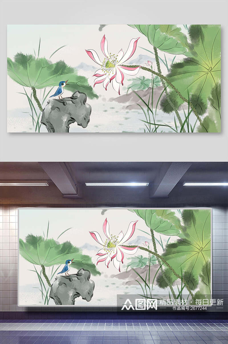 中国风荷花植物花鸟国画背景素材素材