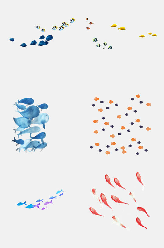 水彩卡通生物鱼群剪影免抠素材