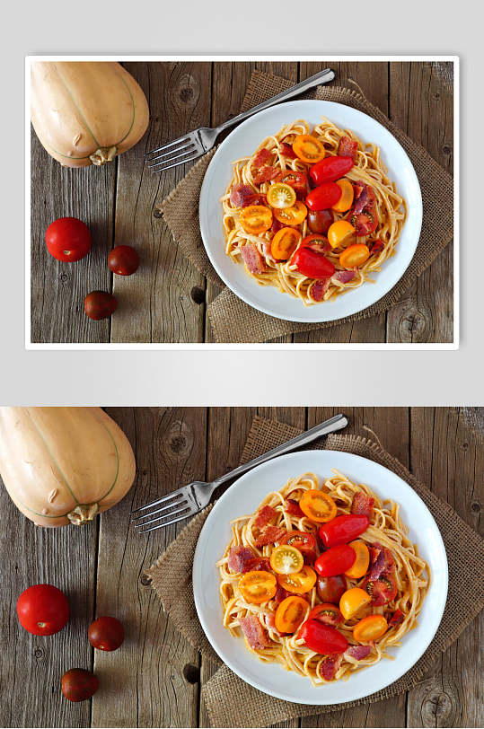西红柿炒面西餐美食摄影图