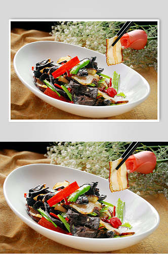 虎掌菌炒腊肉食物摄影图片