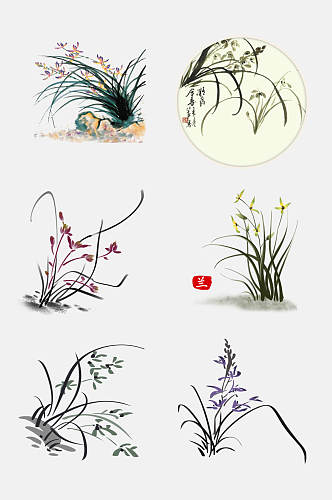 中国风水墨植物图案兰花兰草免抠素材