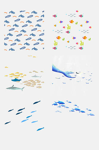 卡通海洋生物鱼群剪影免抠素材