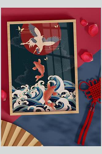 中国风锦鲤仙鹤相框包装样机