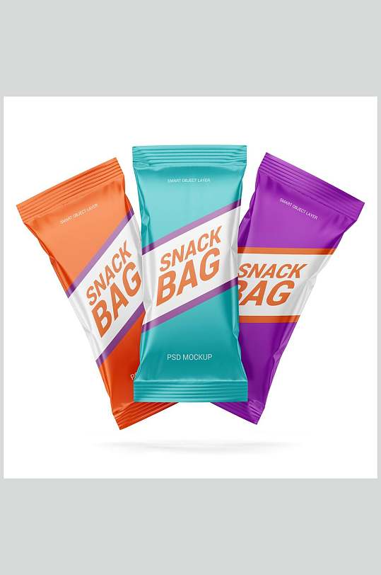 蓝色橘色紫色英文字母膨化食品包装袋样机