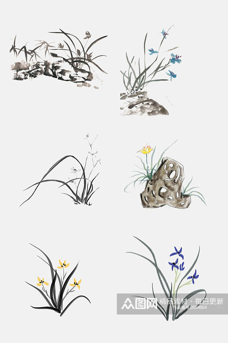 中国风水墨花卉植物兰花兰草免抠素材素材