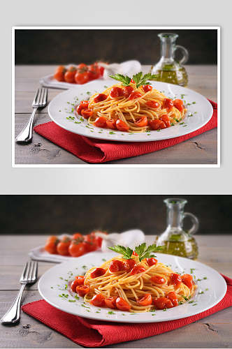 西红柿炒面食品西餐美食摄影图