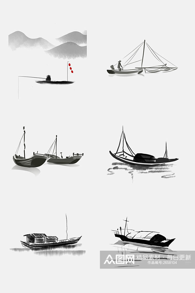 简洁中国风水墨山水渔舟免抠素材素材