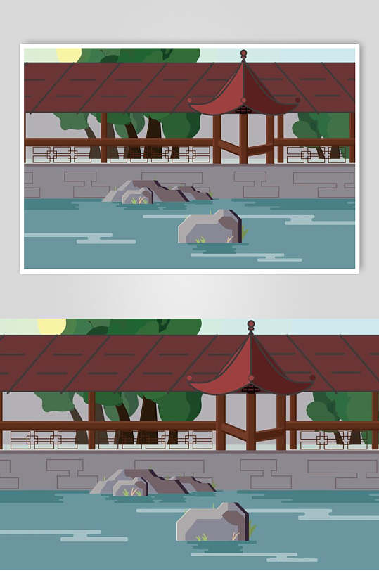 唯美中国风光插画矢量素材卡通漫画个性古代建筑
