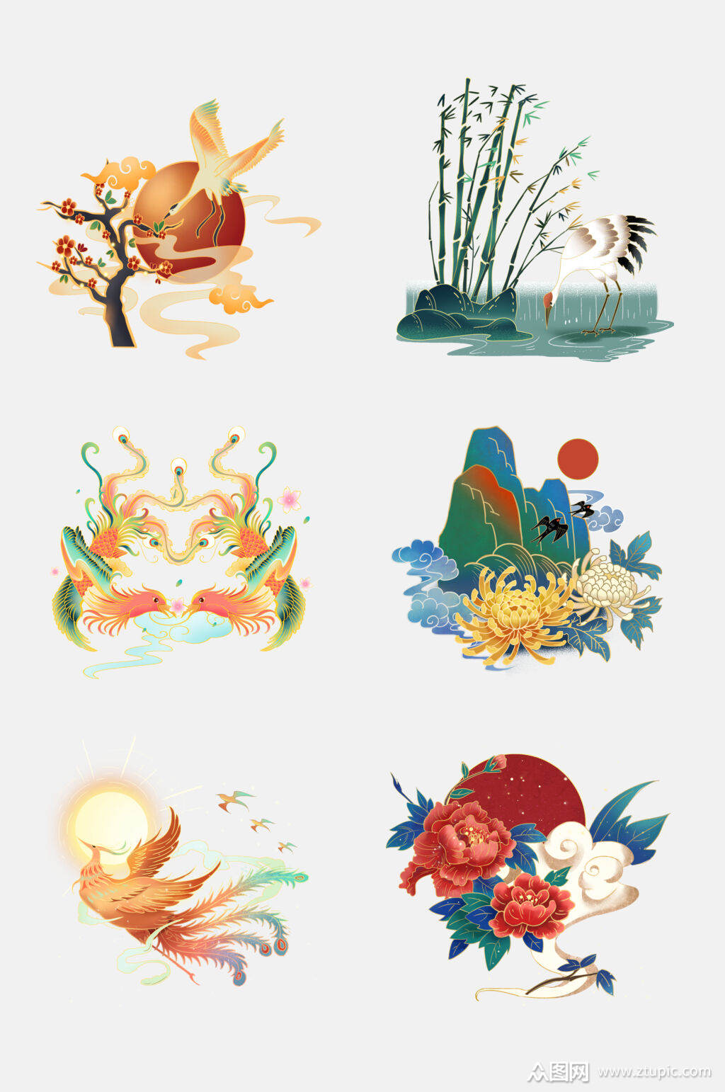 的国潮风花卉山水凤凰插画免抠素材素材下载,本次作品主题是免抠元素