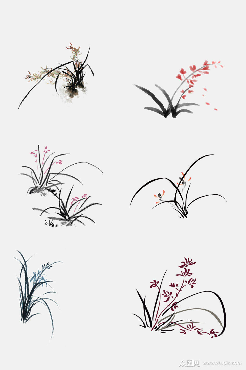 唯美中国风水墨兰花兰草免抠素材