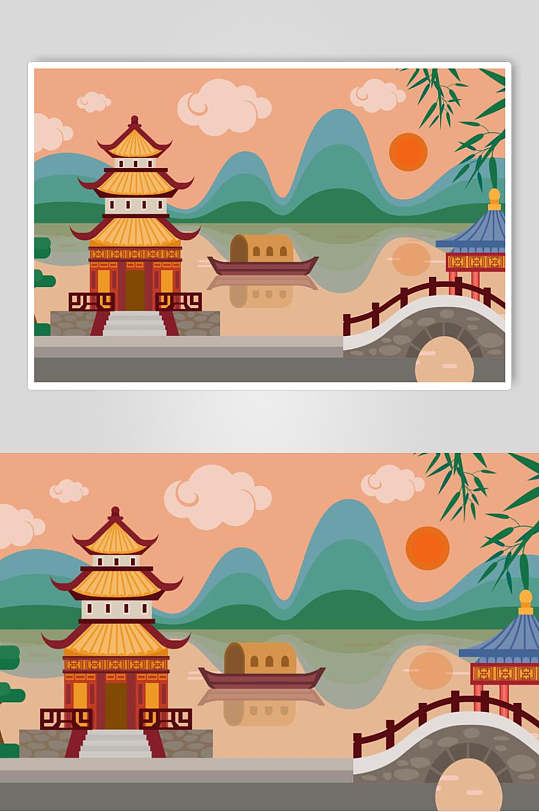唯美中国风光插画矢量素材卡通漫画个性古代建筑