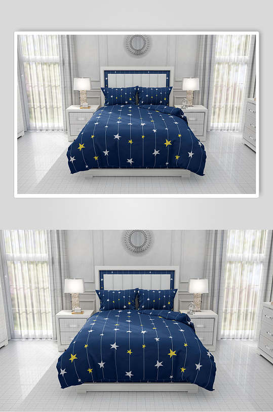 蓝色星星斑点床上用品床罩样机