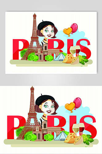 卡通人物创意巴黎旅游插画素材