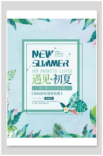 清新蓝色植物夏季遇见初夏海报