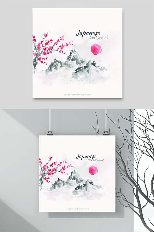 水彩水墨樱花富士山山水花卉背景素材