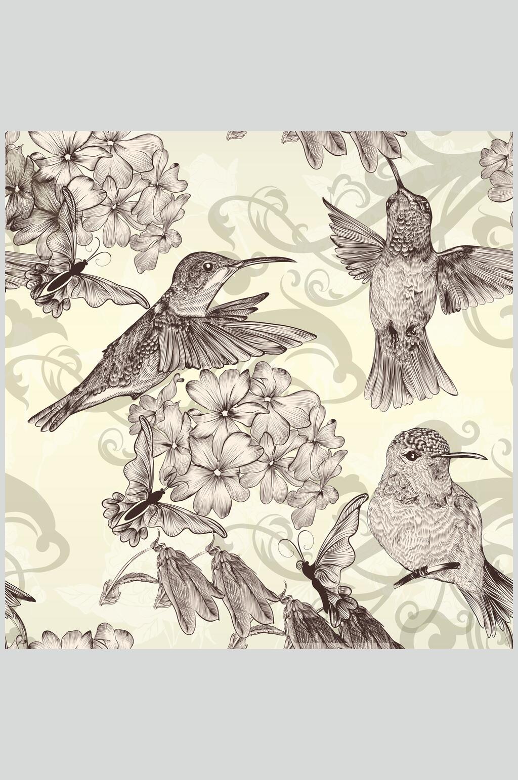 手绘花纹鸟动植物插画图案矢量素材素材