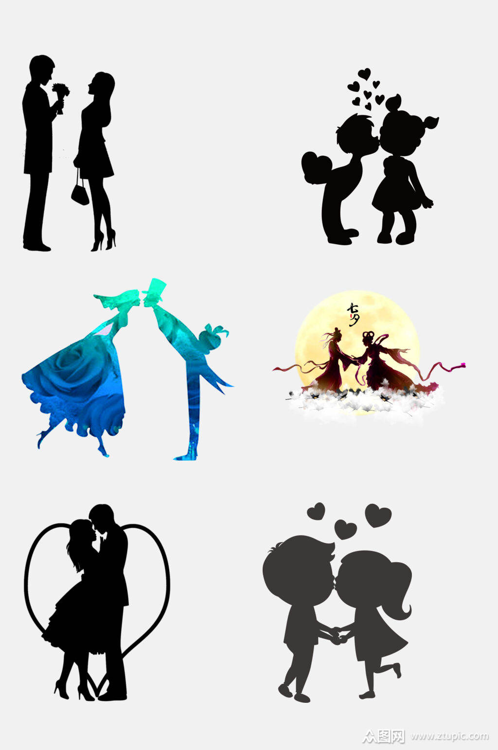 创意情人节情侣亲吻剪影免抠素材