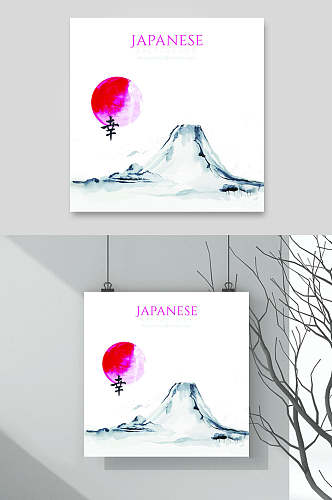 简约水彩水墨樱花富士山山水背景素材