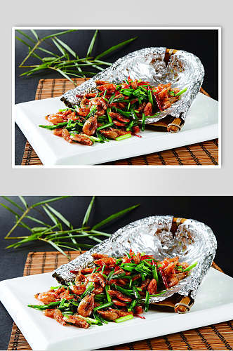 辣椒韭菜炒河虾食品摄影图片