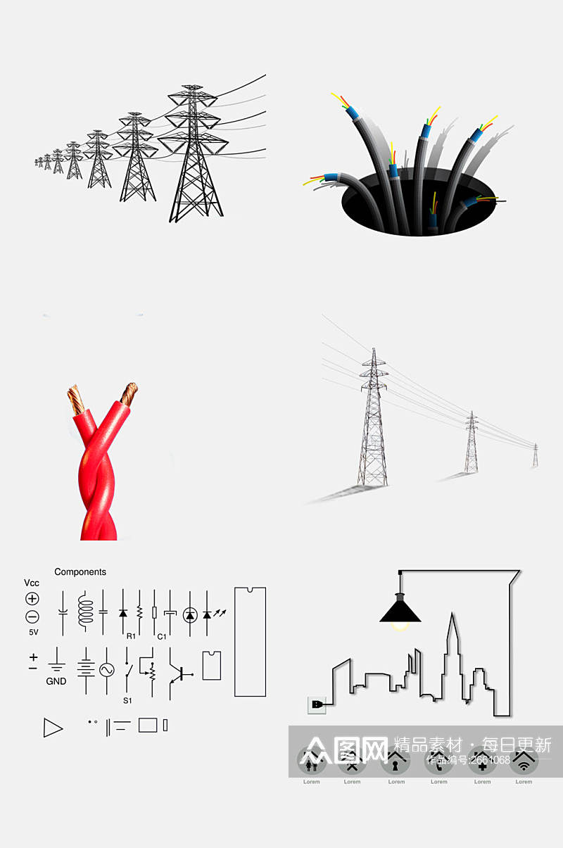 手绘电缆电线高压电免抠素材素材