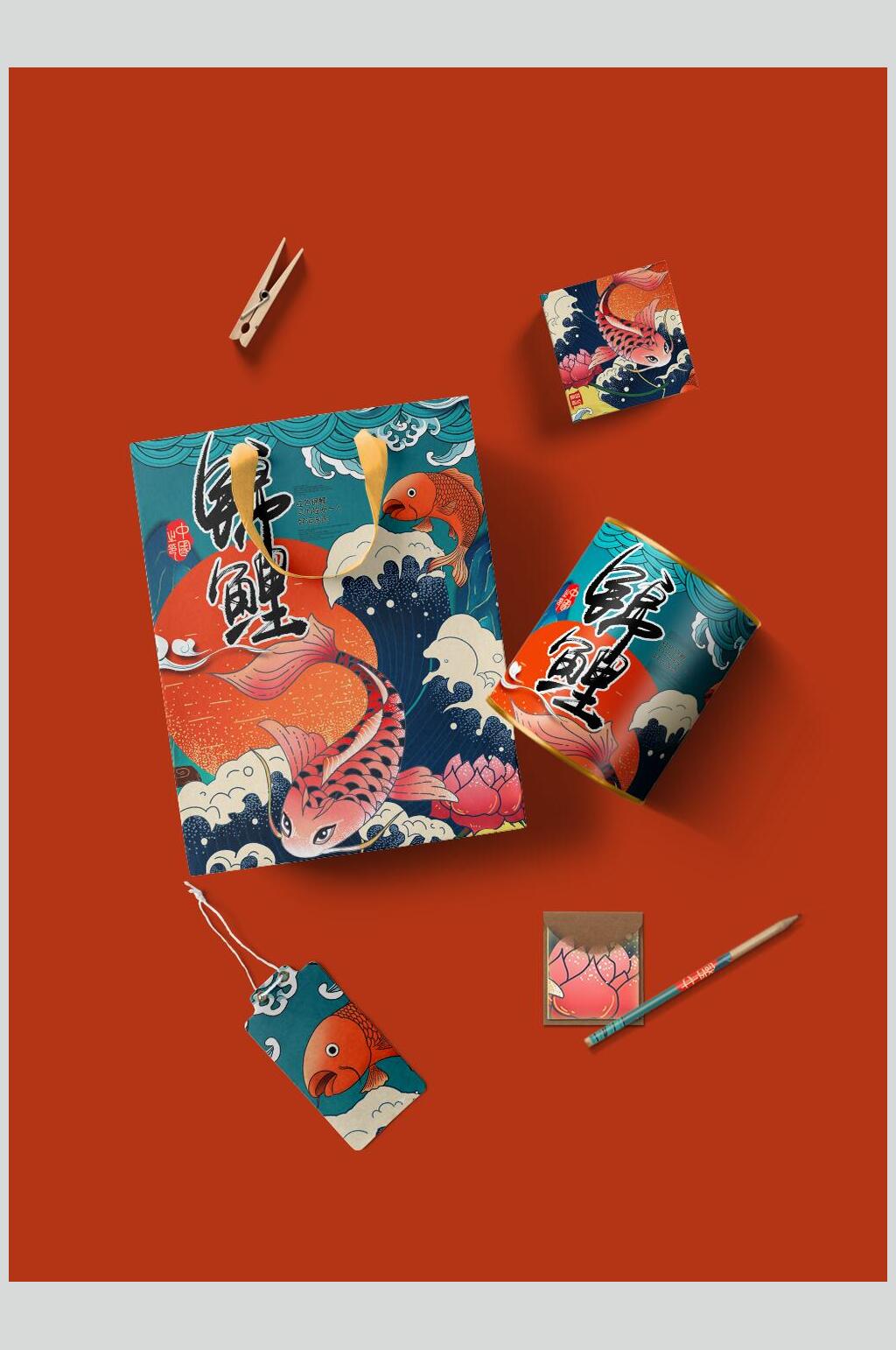 红色高端创意锦鲤包装样机素材