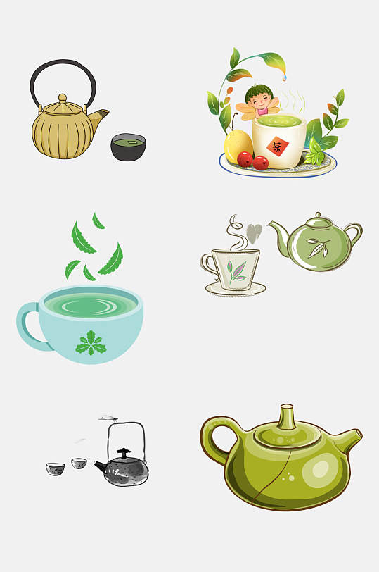 清新水彩植物茶壶茶杯茶具免抠素材
